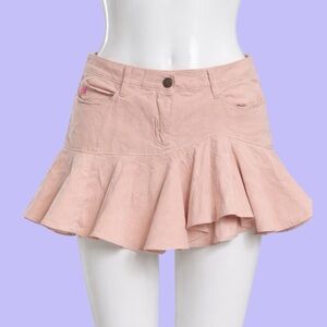 BCBGirls Early 2000s Baby Pink Asymmetrical Corduroy Pleated Fairy Mini Skirt